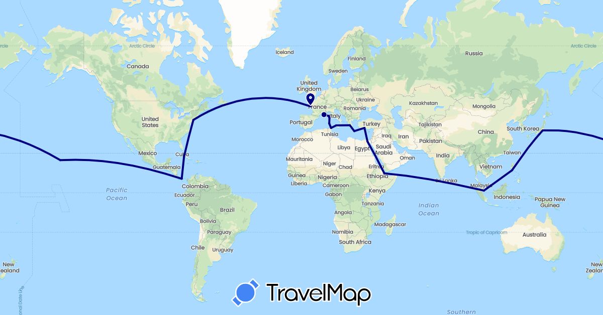 TravelMap itinerary: driving in Cuba, Djibouti, Egypt, France, Greece, Italy, Japan, Panama, Philippines, Singapore, Tunisia, Turkey, United States (Africa, Asia, Europe, North America)